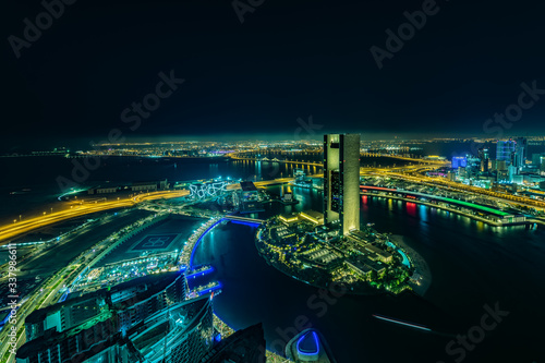 Beautiful Aerial View of Bahrain Bay and Four seasons hotel at Night.