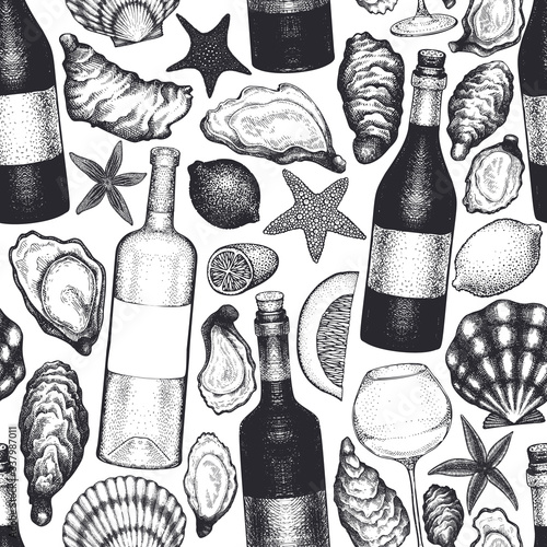 Oysters and wine seamless pattern. Hand drawn vector illustration. Seafood background. Can be used for design menu, packaging, recipes, label, fish market, seafood products.