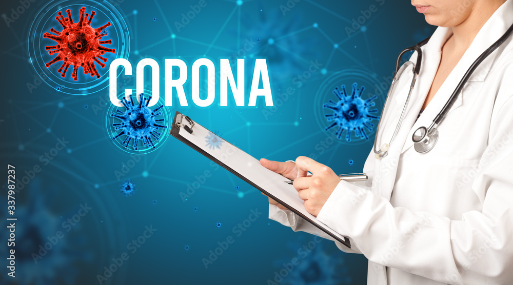 doctor prescribes a prescription with CORONA inscription, pandemic concept doctor prescribes a prescription with CORONA inscription, pandemic concept