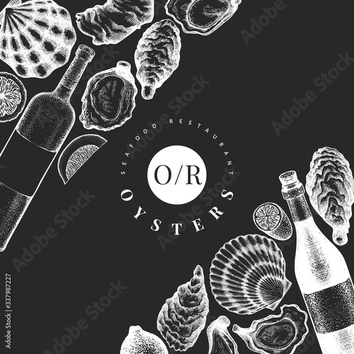Oysters and wine design template. Hand drawn vector illustration on chalk board. Seafood banner. Can be used for design menu, packaging, recipes, label, fish market, seafood products.