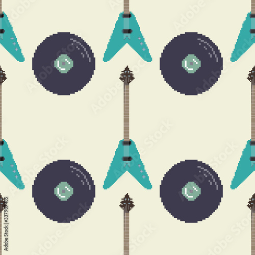 Pixel seamless pattern of retro guitar. Pixel art 8 bit vector
