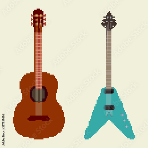 Set of pixel retro guitar. Pixel art 8 bit vector