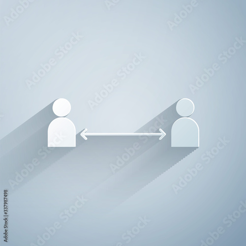 Paper cut Safe distance icon isolated on grey background. Viruses and people keeping distance for infection risk. Paper art style. Vector Illustration