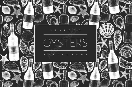 Oysters and wine design template. Hand drawn vector illustration on chalk board. Seafood banner. Can be used for design menu, packaging, recipes, label, fish market, seafood products.