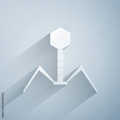 Paper cut Bacteria bacteriophage icon isolated on grey background. Bacterial infection sign. Microscopic germ cause diseases concept. Paper art style. Vector Illustration
