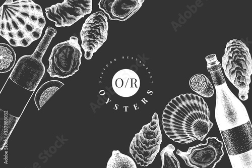 Oysters and wine design template. Hand drawn vector illustration on chalk board. Seafood banner. Can be used for design menu, packaging, recipes, label, fish market, seafood products.