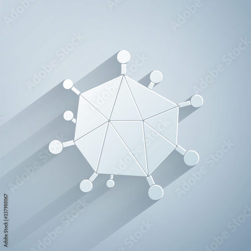 Paper cut Virus icon isolated on grey background. Corona virus 2019-nCoV. Bacteria and germs, cell cancer, microbe, fungi. Paper art style. Vector Illustration