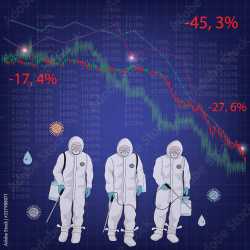 team spraying disinfectant as a preventive measure against the spread of the COVID-19 coronavirus and stock market down on coronavirus fears, Economy down with coronavirus 2019-nCov.