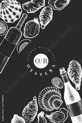 Oysters and wine design template. Hand drawn vector illustration on chalk board. Seafood banner. Can be used for design menu, packaging, recipes, label, fish market, seafood products.