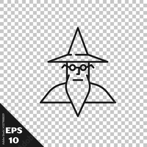 Black line Wizard warlock icon isolated on transparent background. Vector Illustration