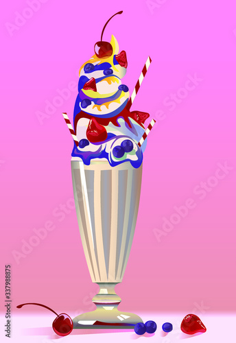 Giant milkshake with ice cream in a glass  with different  type of berry