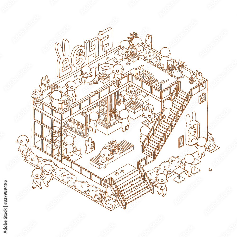 Obraz premium Cartoon isometric outline cafe interior. Hand drawn coloring book page of 3d restaurant space.