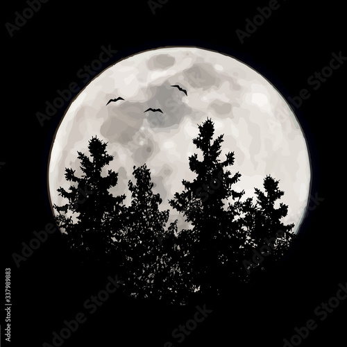 Vector silhouette of forest with moon background. Symbol of night.