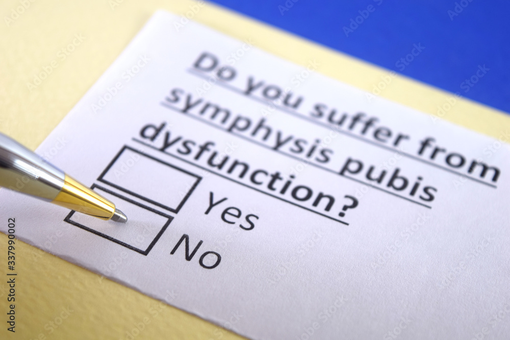 One person is decorated as a person answering question about symphysis pubis dysfunction.