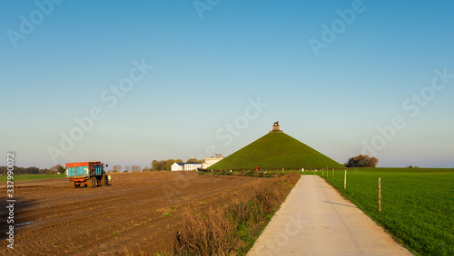 Farmlands surrounding the famous Lion’s Mound (Butte du Lion) monument in Waterloo. This monument commemorates the Battle of Waterloo fought in 1815.