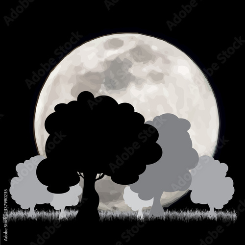 Vector illustration of moon with forest. Symbol of night and nature.