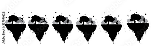 Collection of vector silhouette of piece of land with trees and different people on white background. Symbol of nature and planet.
