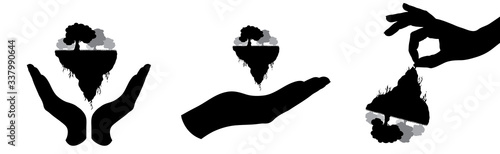 Set of vector silhouette of hands in defensive gesture protection piece of land with grass on white background. Symbol of nature and planet.
