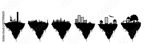 Collection of vector silhouette of piece of land with city on white background. Symbol of nature and environment.