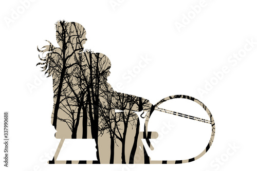 Vector silhouette of family sledging on sledge with trees on background. Symbol of sport.
