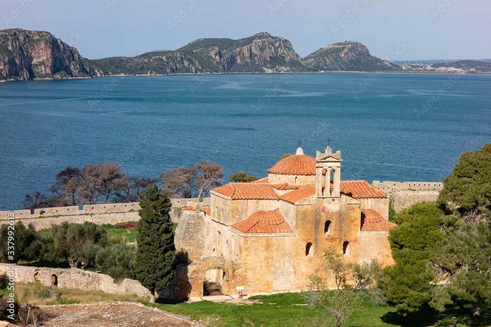 Metamorphosis Sotiros church in Pylos Nestor Palace (Niokastro Navarino) in Greece at sunny day