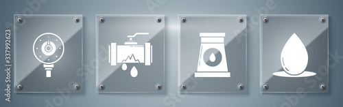 Set Oil drop, Oil and gas industrial factory building, Broken metal pipe with leaking water and Motor gas gauge. Square glass panels. Vector