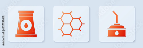 Set Chemical formula consisting of benzene rings, Oil and gas industrial factory building and Canister for motor machine oil. White square button. Vector