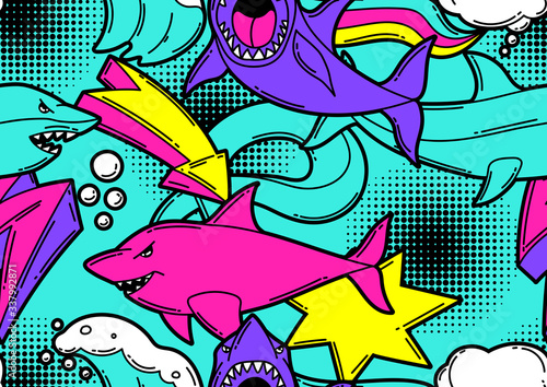 Seamless pattern with cartoon sharks. Urban colorful teenage creative background.