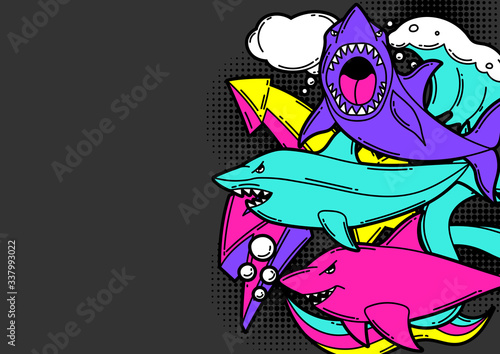 Background with cartoon sharks. Urban colorful teenage creative illustration.