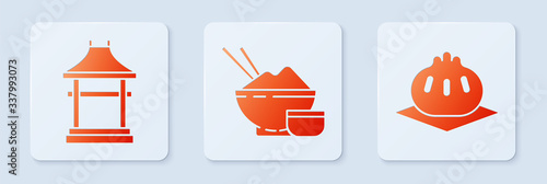 Set Rice in a bowl with chopstick, Japan Gate and Khinkali on cutting board. White square button. Vector