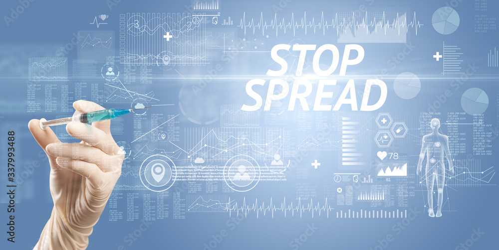 Syringe needle with virus vaccine and STOP SPREAD inscription, antidote concept Syringe needle with virus vaccine and STOP SPREAD inscription, antidote concept