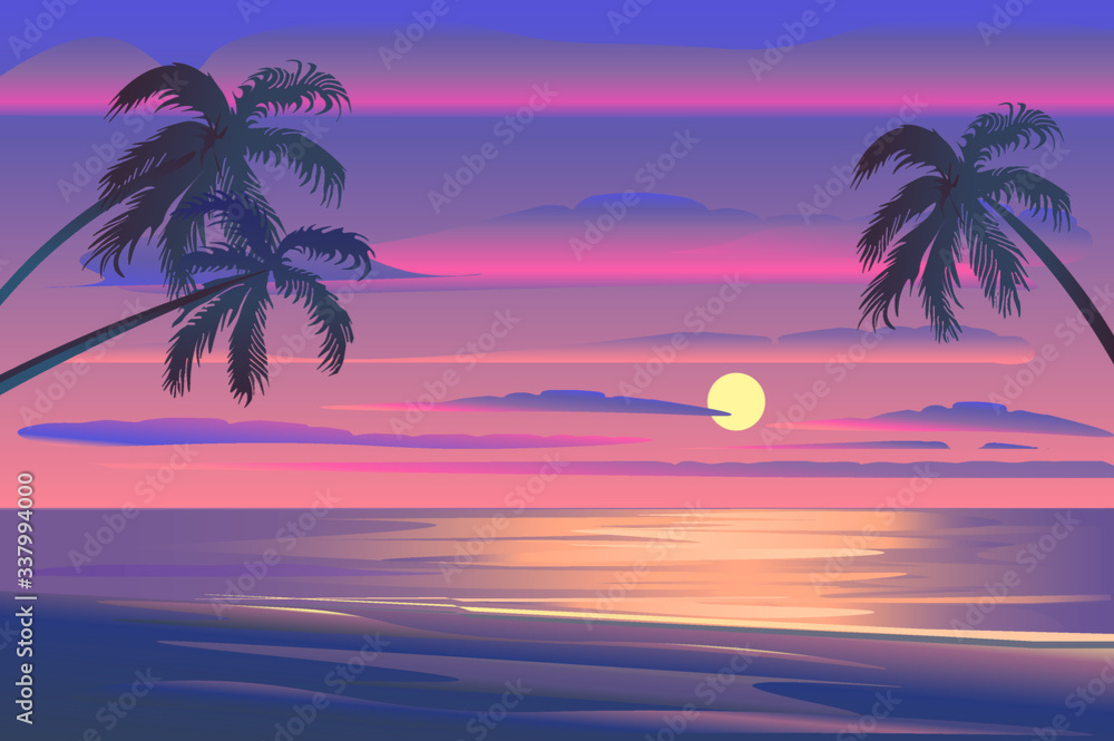 tropical beach with palm trees on the sunset