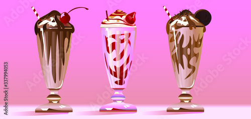 Vector illustration with three different type of milkshake with special taste. Strawberry,  cocolate with cherry on the top, caramel with cookie