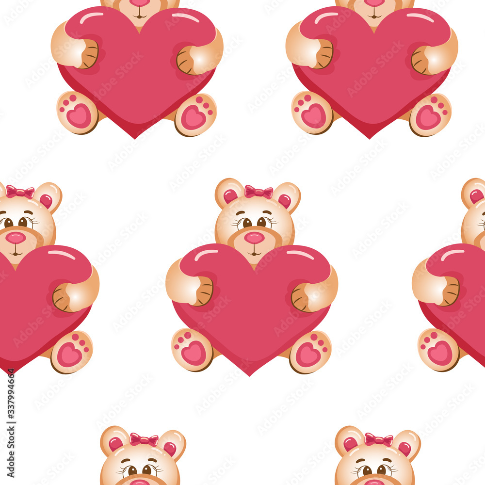 Cute cartoon teddy bear seamless pattern isolated on white. Perfect for vakentine, wedding design and for wallpapers