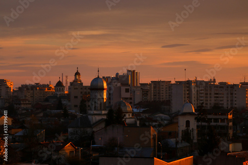 Old city buildings in the dusk   The city of Ploiesti   Romania in the golden light