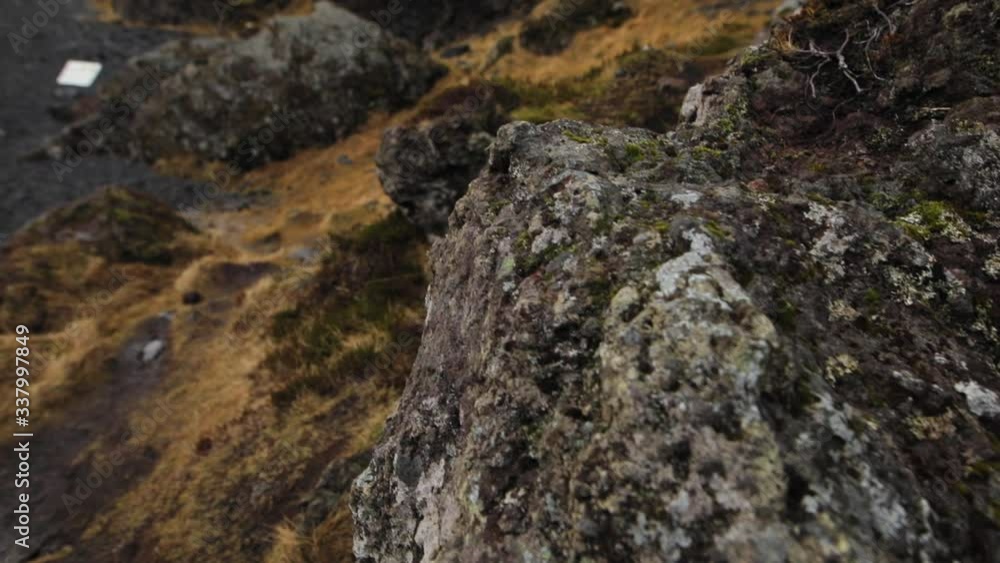 Rough Rocks With Icelandic Moss Found In Reynisfjara Black Sand Beach In Vik, Southern Iceland. - closeup shot Rough Rocks With Icelandic Moss Found In Reynisfjara Black Sand Beach In Vik, Southern Iceland. - closeup shot