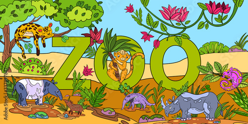 Vector stock banner “Zoo” with topical mammals, trees and plants. Jungle landscape with leopard, monkey, tapir, anteater, chameleon and rhino in cartoon style. For posters and flyers.