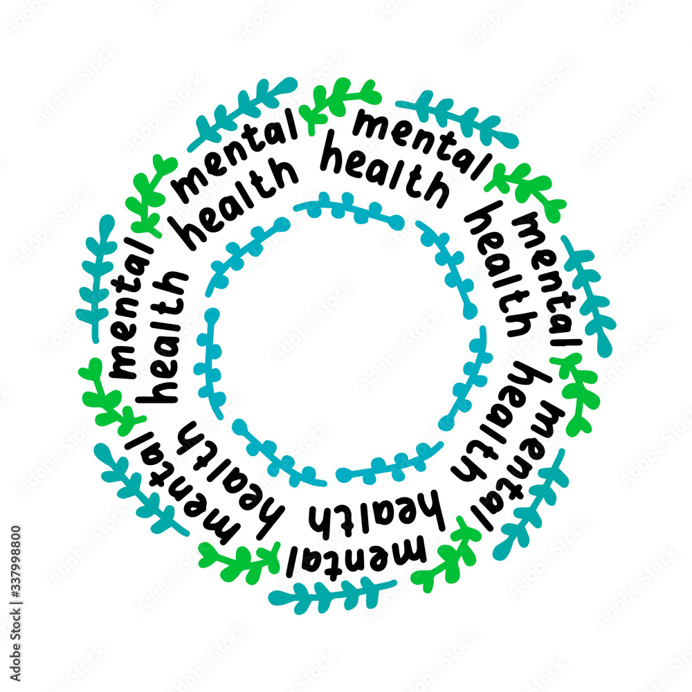Mental health hand drawn vector illustration in cartoon comic style lettering inside mandala wreath