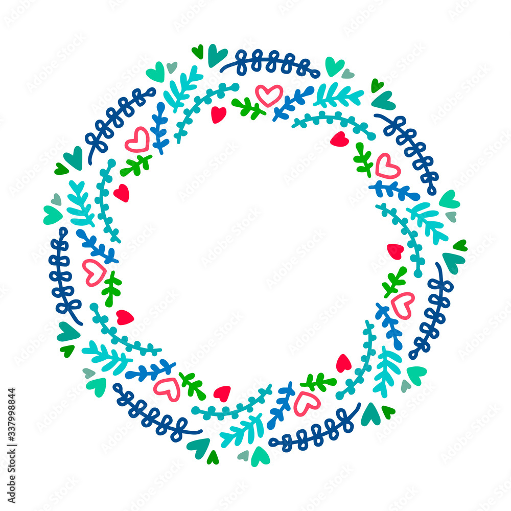 Beautiful mandala wreath illustration in cartoon doodle style flowers plant heart symbol
