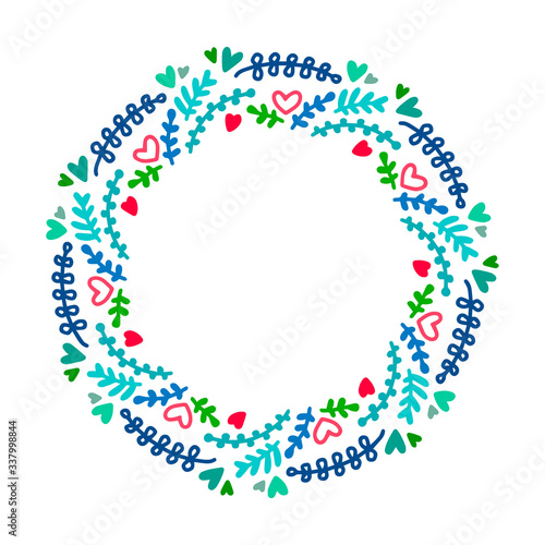 Beautiful mandala wreath illustration in cartoon doodle style flowers plant heart symbol
