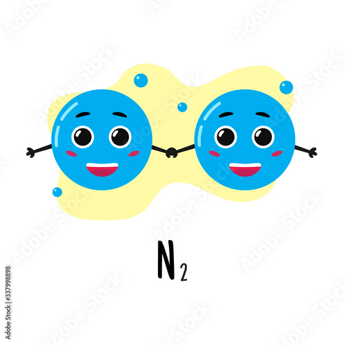 Structure of nitrogen molecule. Cartoon character. Study of chemistry. Vector illustration.