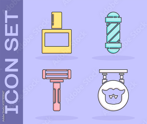 Set Barbershop, Aftershave, Shaving razor and Classic Barber shop pole icon. Vector