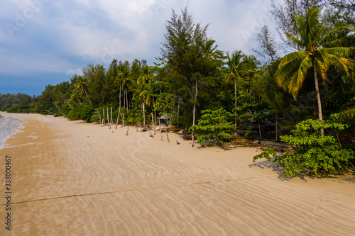 Aerial drone view of a totally deserted tropical beach in Thailand during the Coronavirus lockdown