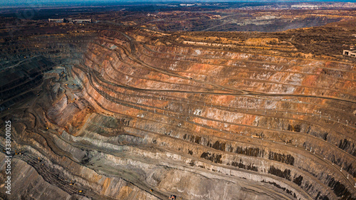 Aerial view of the Iron ore mining, Panorama of an open-cast mine extracting