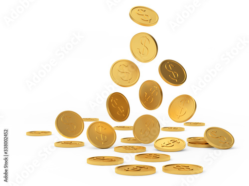 Falling gold coins with a Dollar sign isolated on a white background. 3D illustration