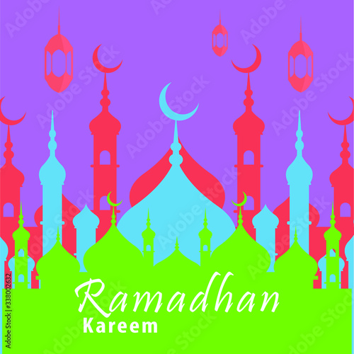 Ramadan Kareem Greeting Card. Social Media post template  with Mosques silhouettes