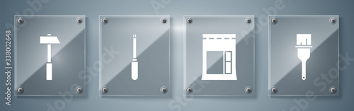 Set Paint brush, Cement bag, Screwdriver and Hammer. Square glass panels. Vector