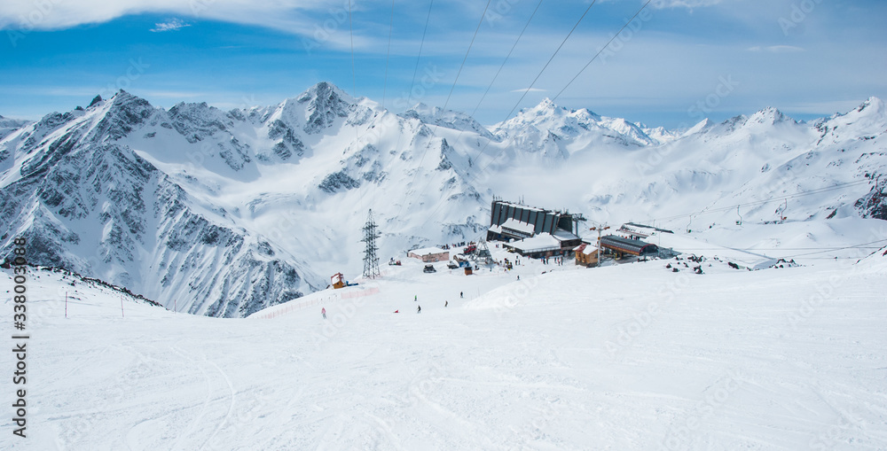 High altitude ski resort in Caucasus mountains. Winter alpine view.