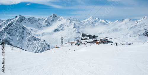 High altitude ski resort in Caucasus mountains. Winter alpine view.