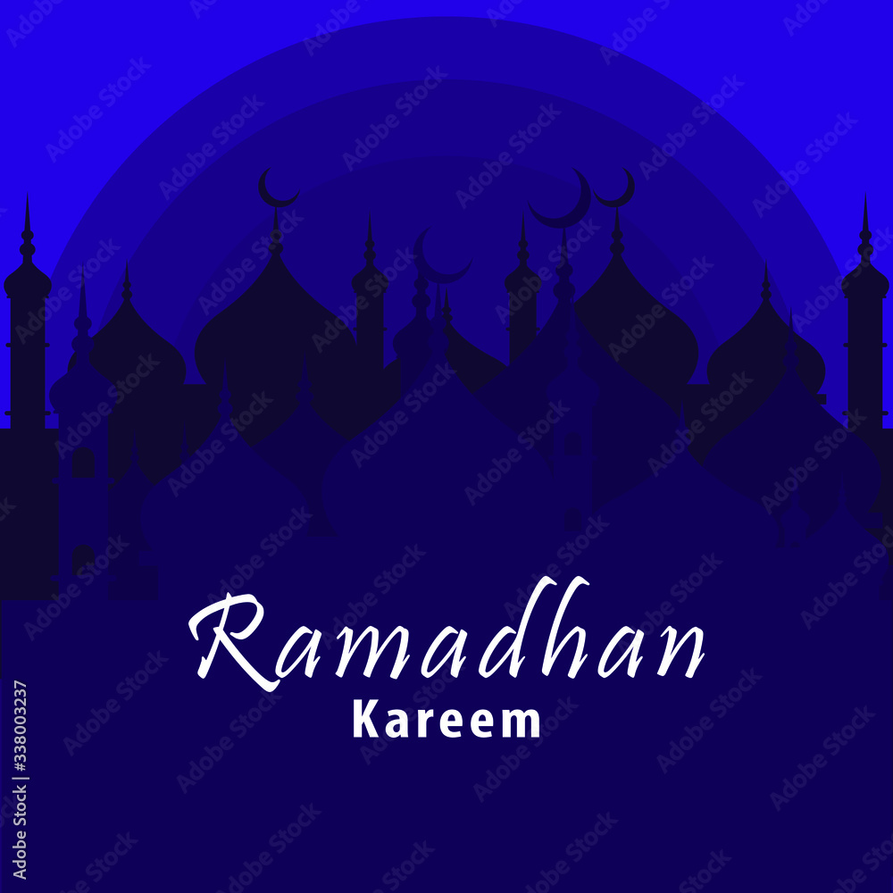 Ramadan Kareem Greeting Card. Social Media post template  with Mosques silhouettes